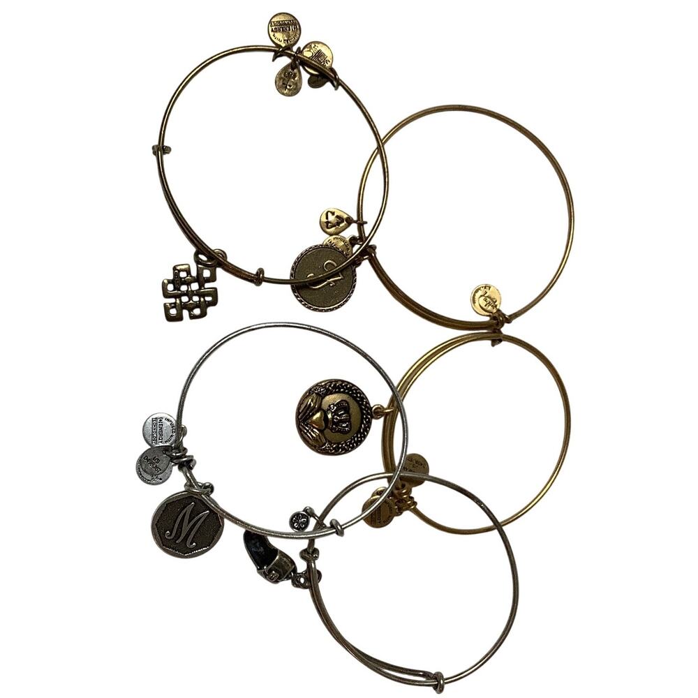 Alex and Ani Lot of 5 Gold Silver Tone Expandable Bangle Charm Bracelets A13-15